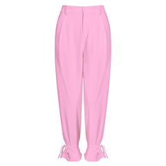 Pantalones de pierna ancha y cintura alta con lazo en el tobillo de color sólido de moda