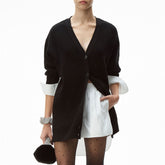 Cárdigan de punto acanalado con cuello en V y botones de patchwork único - Negro