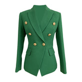 Blazer de lino a medida con solapa de pico, doble botonadura y detalle de botones dorados vibrantes