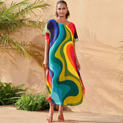 Kaftan mit Rundhalsausschnitt und kurzen Ärmeln, lebendig bedruckt, Strandüberzug
