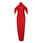 Vestido largo formal vintage con escote halter, fruncido, de malla y roseta 3D