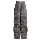 Vaqueros cargo vintage con lavado ácido, múltiples bolsillos, cintura alta y pierna recta