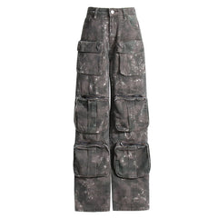 Vaqueros cargo vintage con lavado ácido, múltiples bolsillos, cintura alta y pierna recta