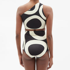 Traje de baño bikini brasileño de dos piezas con un solo hombro, cintura alta y círculos en contraste vintage