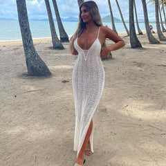 Vintage Deep V High Slit Crochet Knit Brazilian Maxi Beach Cover Up