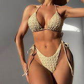 Traje de baño bikini brasileño de dos piezas con diseño de triángulos atrevidos y lazos en relieve vintage