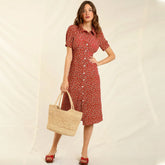 Vestido midi de manga corta con cuello abotonado y estampado floral vintage - Rojo