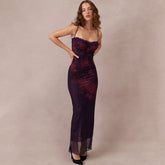 Vestido midi de malla con escote en forma de corazón, abertura en la espalda y cordones, estampado floral vintage - Negro