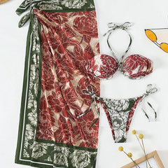 Vintage Floral Tie Side Underwire Halter Brazilian Three Piece Bikini Swimsuit