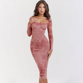 Vestido midi ajustado con cuello en forma de corazón, encaje vintage, manga larga, estampado borroso