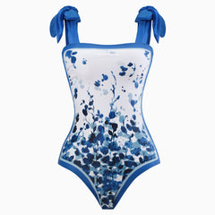Vintage Printed Moderate Bow Tie Strap Square Neck One Piece Swimsuit