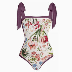 Vintage Printed Moderate Bow Tie Strap Square Neck One Piece Swimsuit