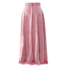 Falda vaquera larga estilo vintage con cintura alta, dobladillo sin rematar, volantes y lavado ácido descolorido