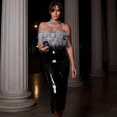 Wunderliches Bralette mit Federbesatz, mehrlagigen Fransen, Midi-Bodycon-Cocktail-Set