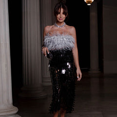 Wunderliches Bralette mit Federbesatz, mehrlagigen Fransen, Midi-Bodycon-Cocktail-Set