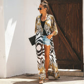 Vestido playero de gasa con estampado de leopardo y manga corta con cordón ajustable estilo salvaje