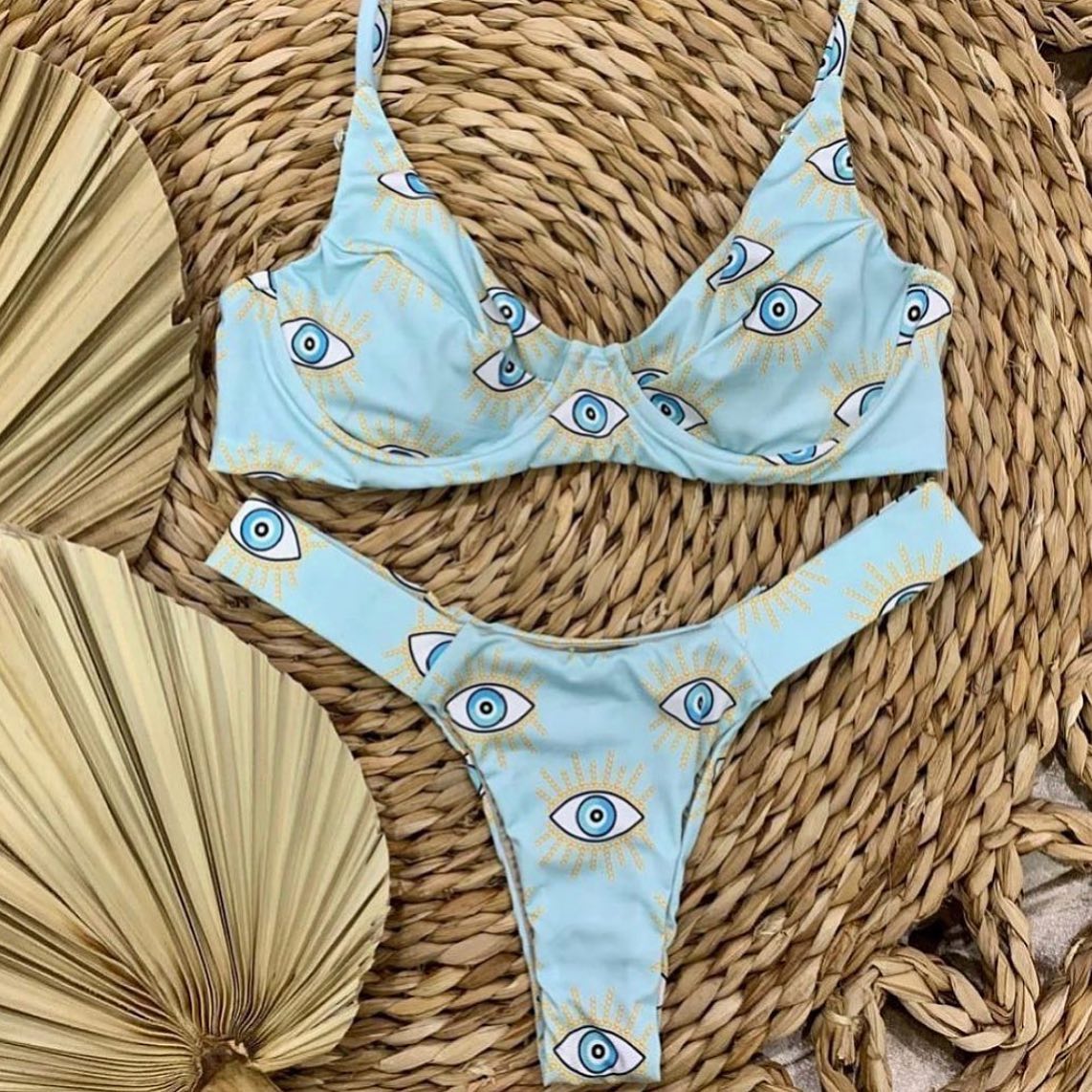 Stylischer Split-Bikini mit Augenmuster 