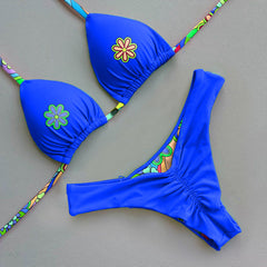 Contrast color print bikini set