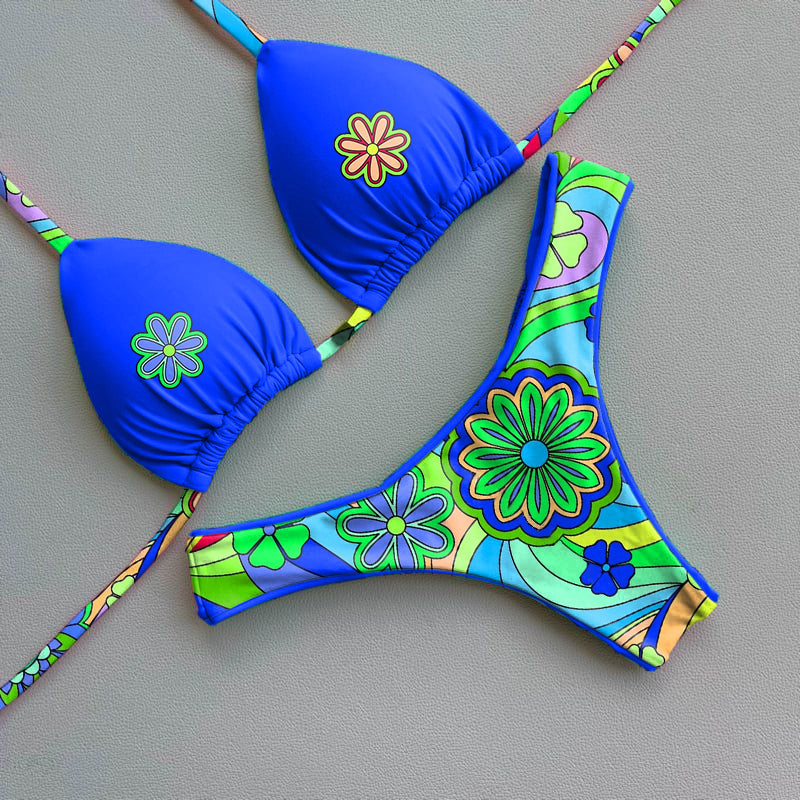 Contrast color print bikini set