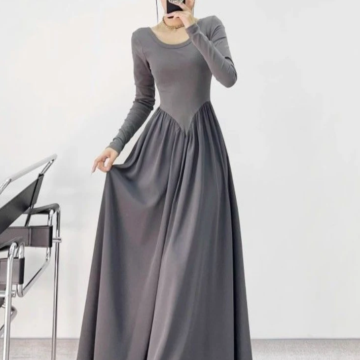 VESTIDO MAXI GRIS con CINTURA EN V