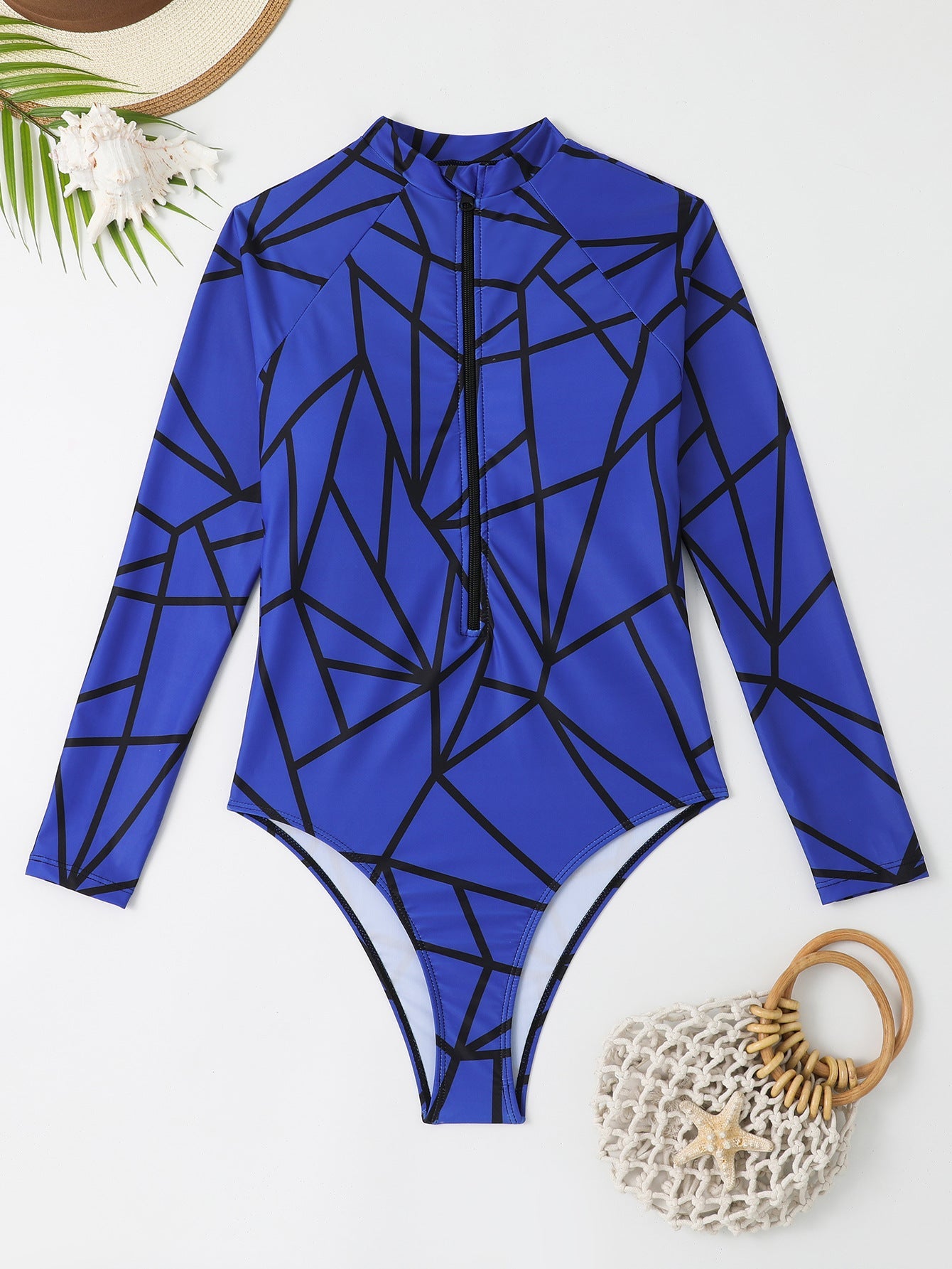 Long Sleeve Zipper Contrast Jumpsuit Swimsuit