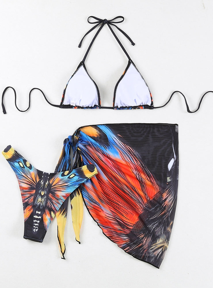 Bikini mit mehrfarbigem Schmetterlings-Print und geteiltem Gazerock