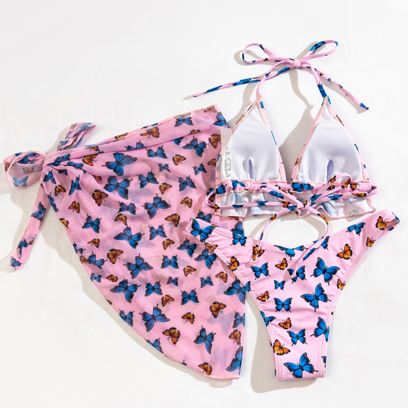 Dreiteiliger Bikini mit Gazerock und Schmetterlings-Print