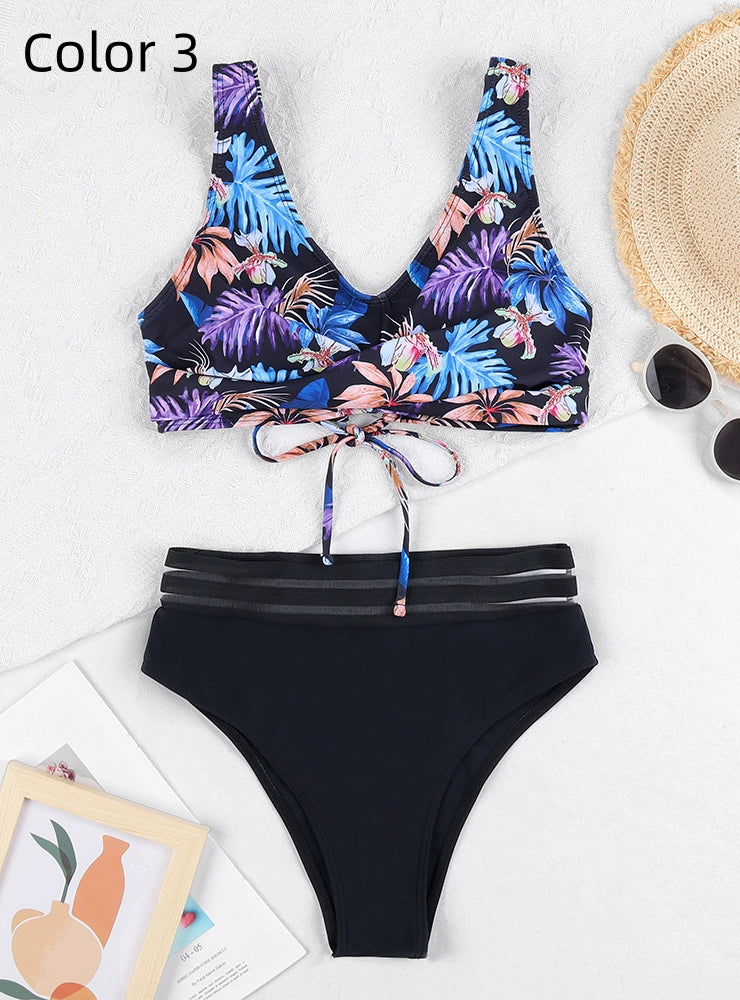 Printed Multi-color Split Sports Backless Swimsuit