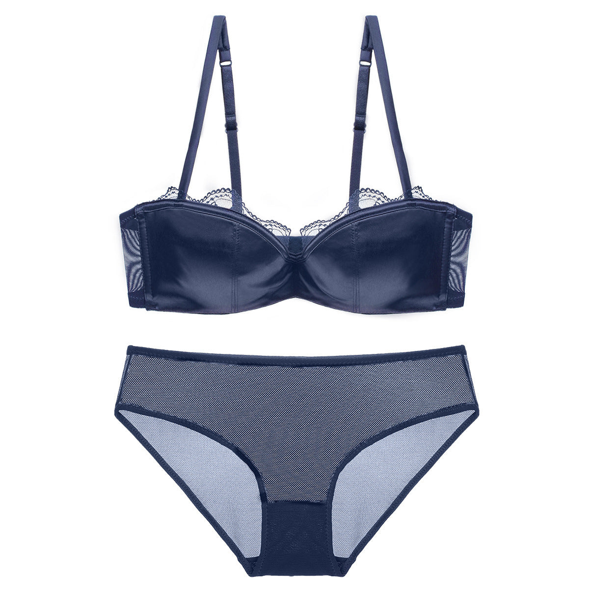 Bralette-Set aus glänzender Spitze mit tiefem V-Ausschnitt und dünnem Halbschalen-Satin