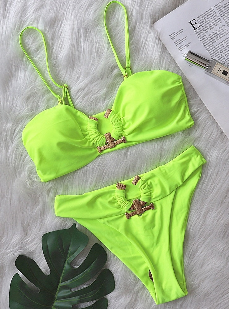 Metal Solid Color Tube Top High Waist Bikini