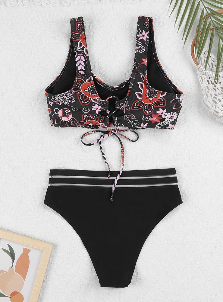 Printed Multi-color Split Sports Backless Swimsuit