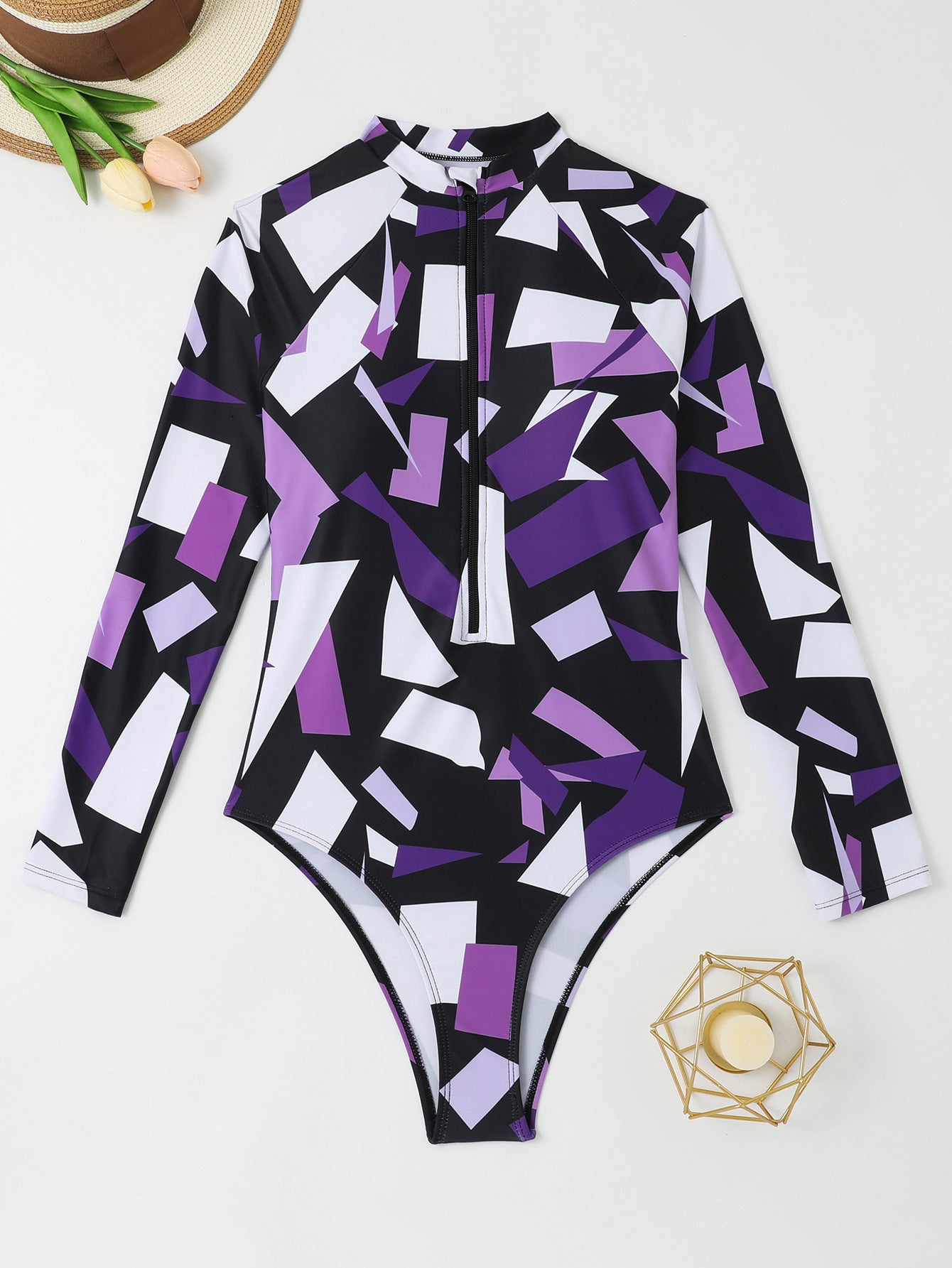 Long Sleeve Zipper Contrast Jumpsuit Swimsuit