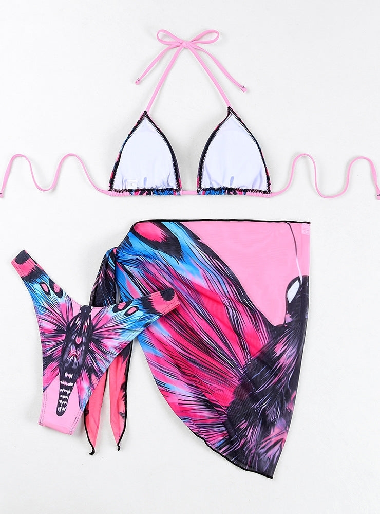 Bikini mit mehrfarbigem Schmetterlings-Print und geteiltem Gazerock