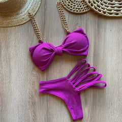 Bikini dividido con lazo de color sólido y cadena 