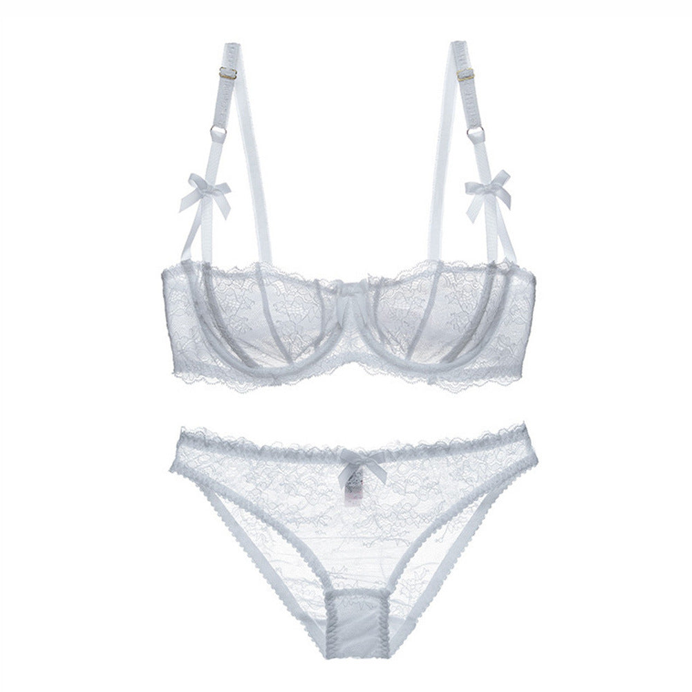 Dünnes, gepolstertes Bralette-Set mit Halbschalen aus transparenter Spitze