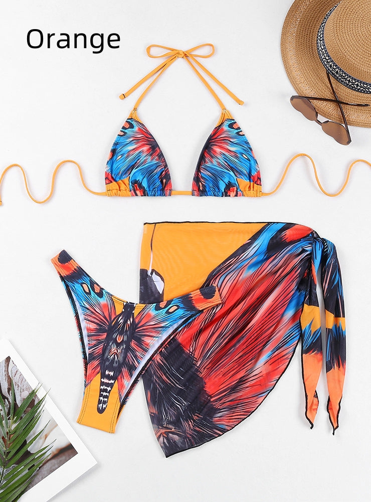 Bikini mit mehrfarbigem Schmetterlings-Print und geteiltem Gazerock