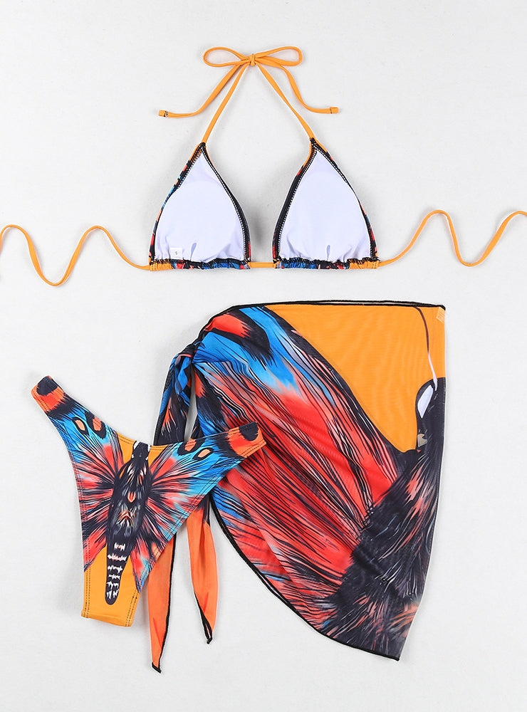 Bikini con falda de gasa dividida y estampado de mariposas multicolor