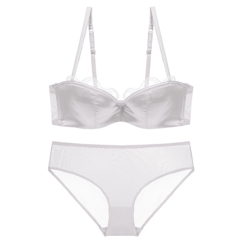 Bralette-Set aus glänzender Spitze mit tiefem V-Ausschnitt und dünnem Halbschalen-Satin