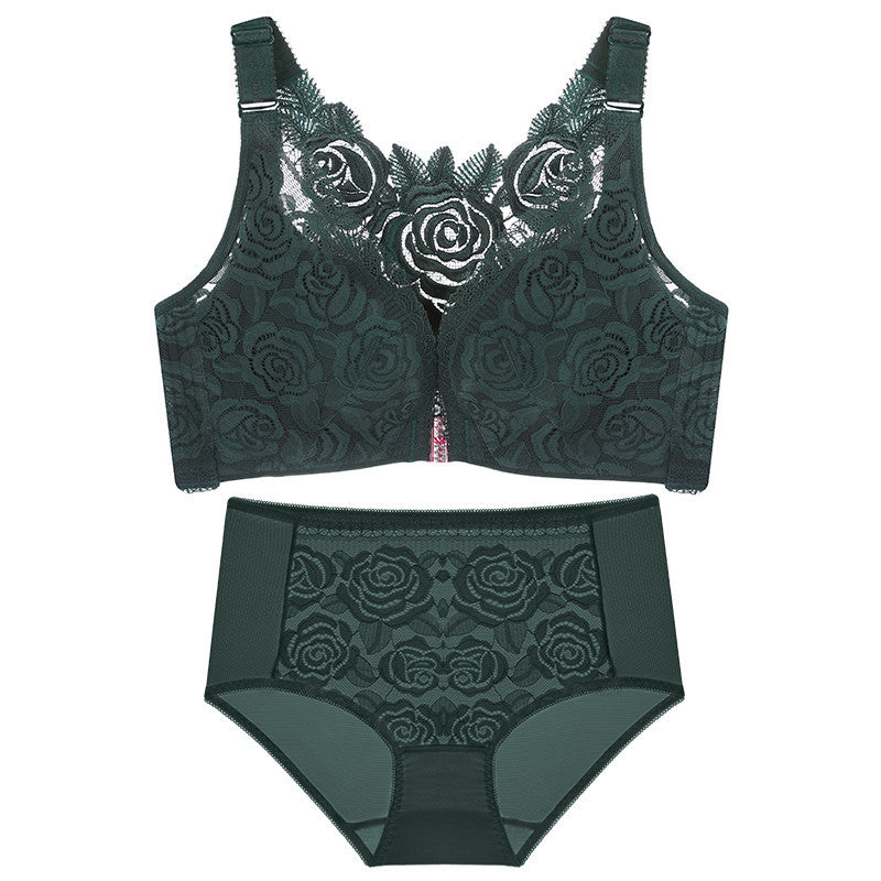 Non Wired Front Button Rose Bralette Set