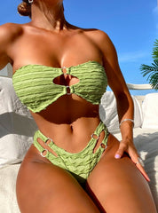 Einfarbiger Tube-Top-Bikini mit Hohlsaum