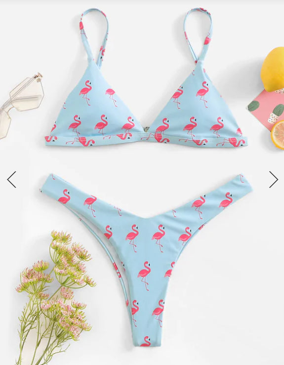 Modisches gepolstertes Tanga-Bikini-Set mit Flamingo-Print