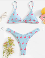 Modisches gepolstertes Tanga-Bikini-Set mit Flamingo-Print