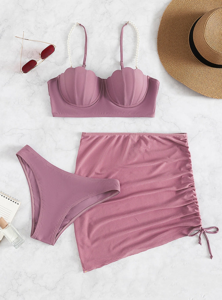 Bikini de tres piezas de color liso para mujer