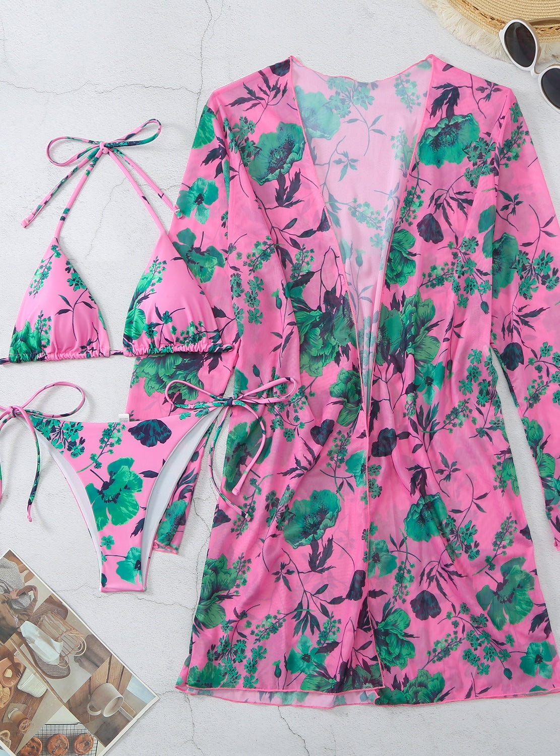 Traje de baño de playa con blusas y estampado de flores, traje de baño de tres piezas