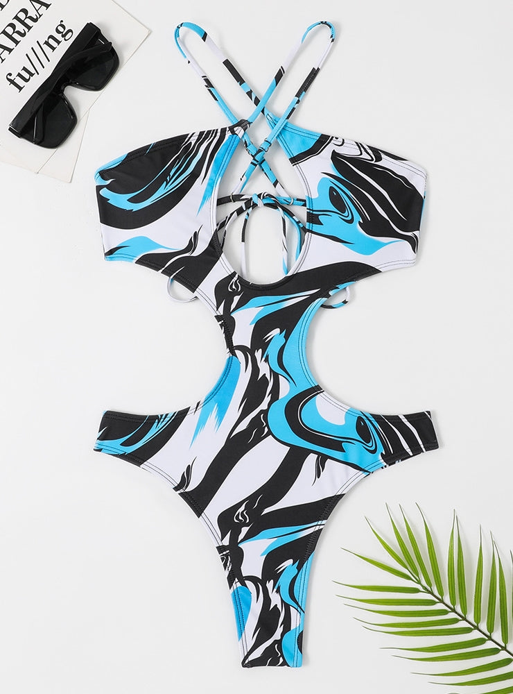 Bikini de una pieza con cordones y estampado triangular