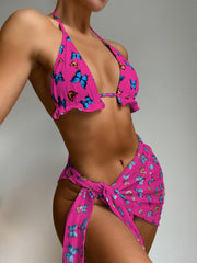 Dreiteiliger Bikini mit Gazerock und Schmetterlings-Print