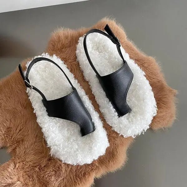 Sandalias romanas de felpa de lana de cordero para mujer - Chanclas de invierno 