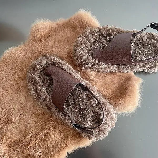 Sandalias romanas de felpa de lana de cordero para mujer - Chanclas de invierno 