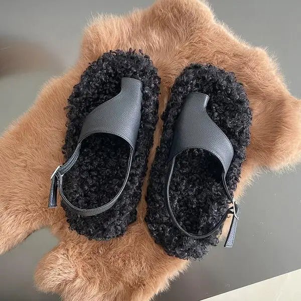 Sandalias romanas de felpa de lana de cordero para mujer - Chanclas de invierno 