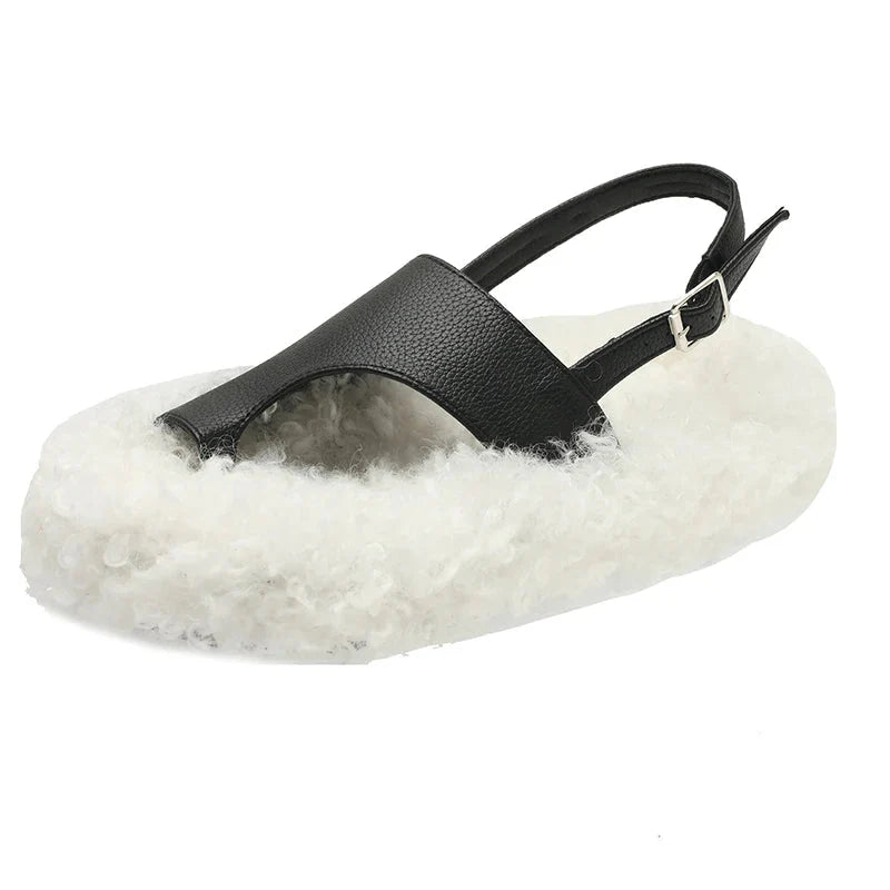 Sandalias romanas de felpa de lana de cordero para mujer - Chanclas de invierno 